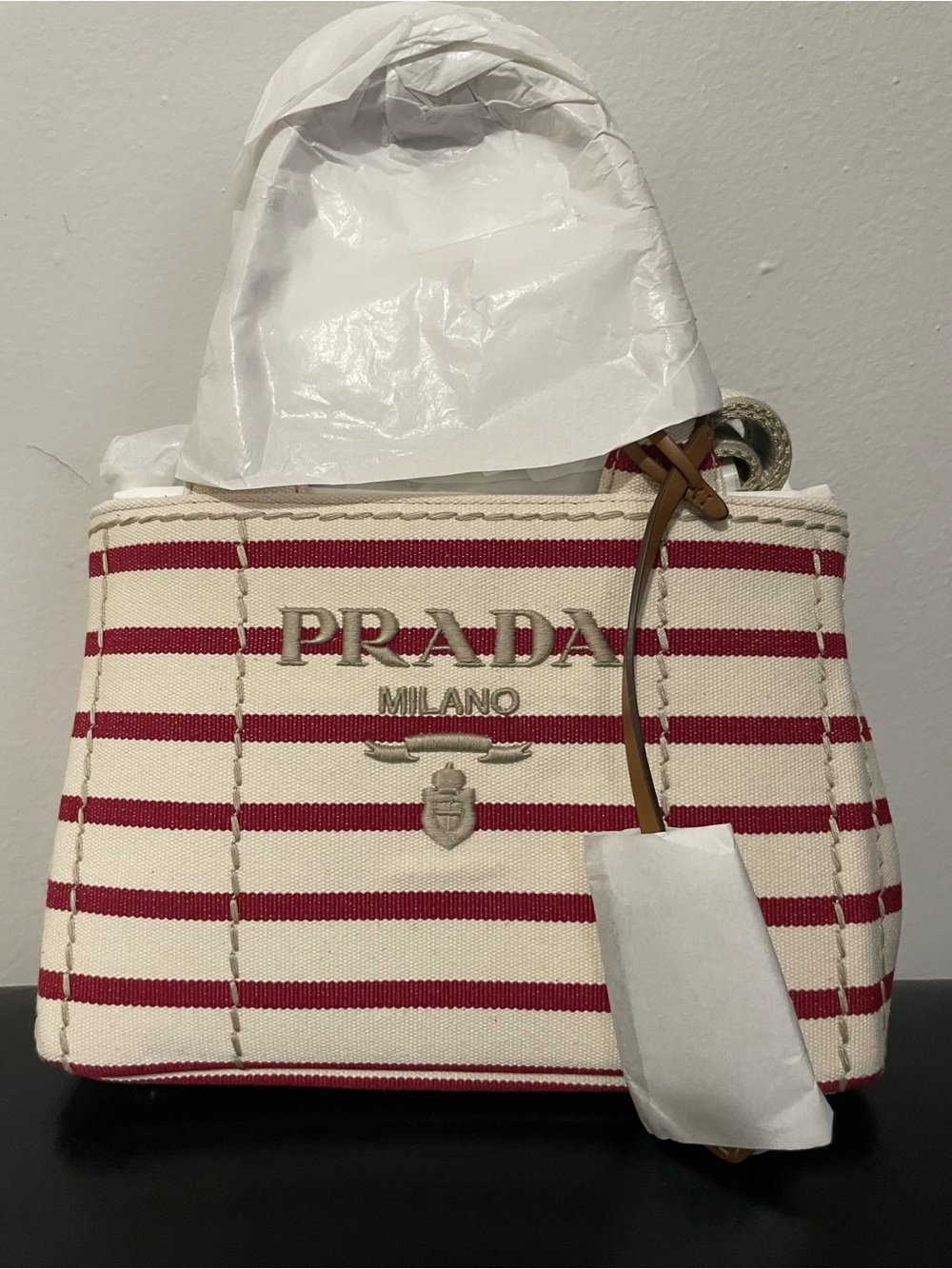 BRAND NEW Prada Milano Red & White Striped Canvas Tote